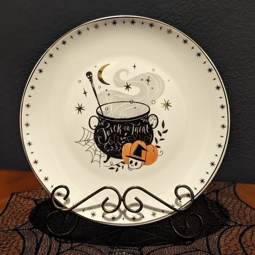 🆕 Trick Or Treat Magic Cauldron 4pc Dinner Plate Set 💀 Real Gold Finish